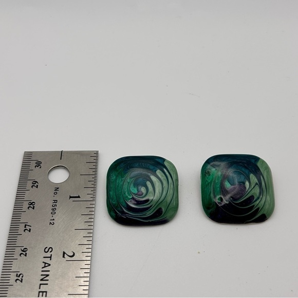 Vintage Large Square Green, Blue and Purple Enamel Swirl Painted Stud Earrings - Picture 5 of 6